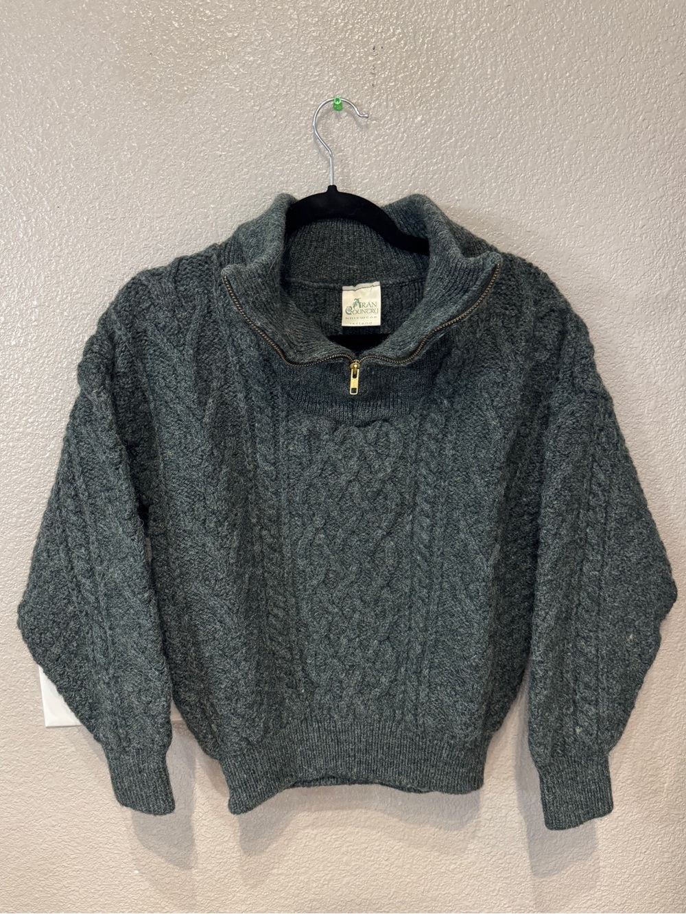 Aran Country Ireland Cable Knit Quarter Zip Wool Sweater Fisherman Jumper